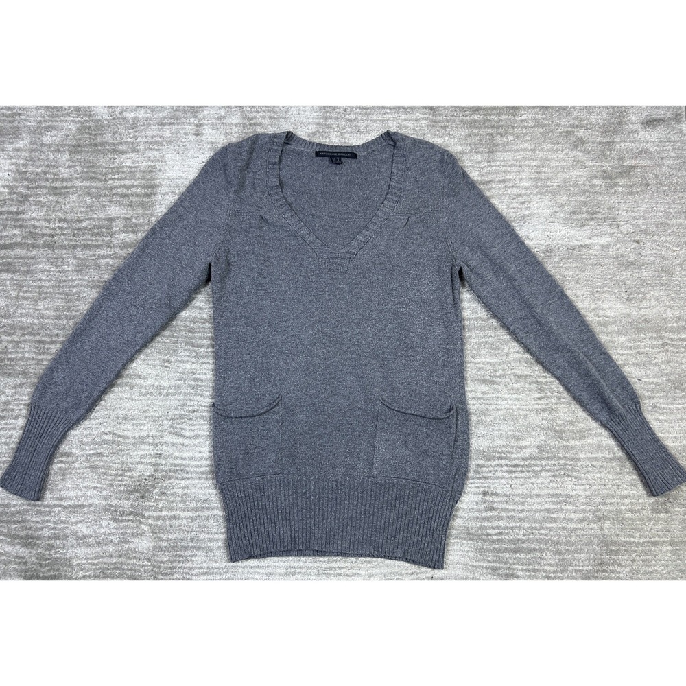 Katherine Barclay Sweater Women Small Grey V-Neck Pocket Long Sleeve Ribbed Knit